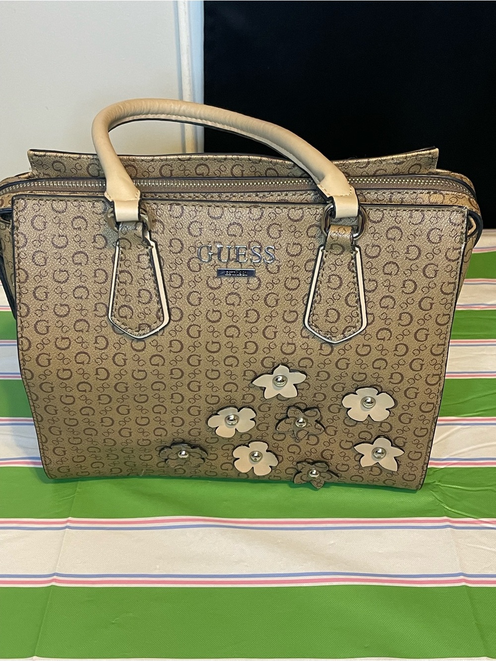 GUESS Tan Floral Applique Logo Satchel